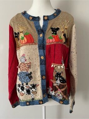 Vintage Design Options Fall Farm Animals Applique Pumpkin Thanksgiving Sweater M